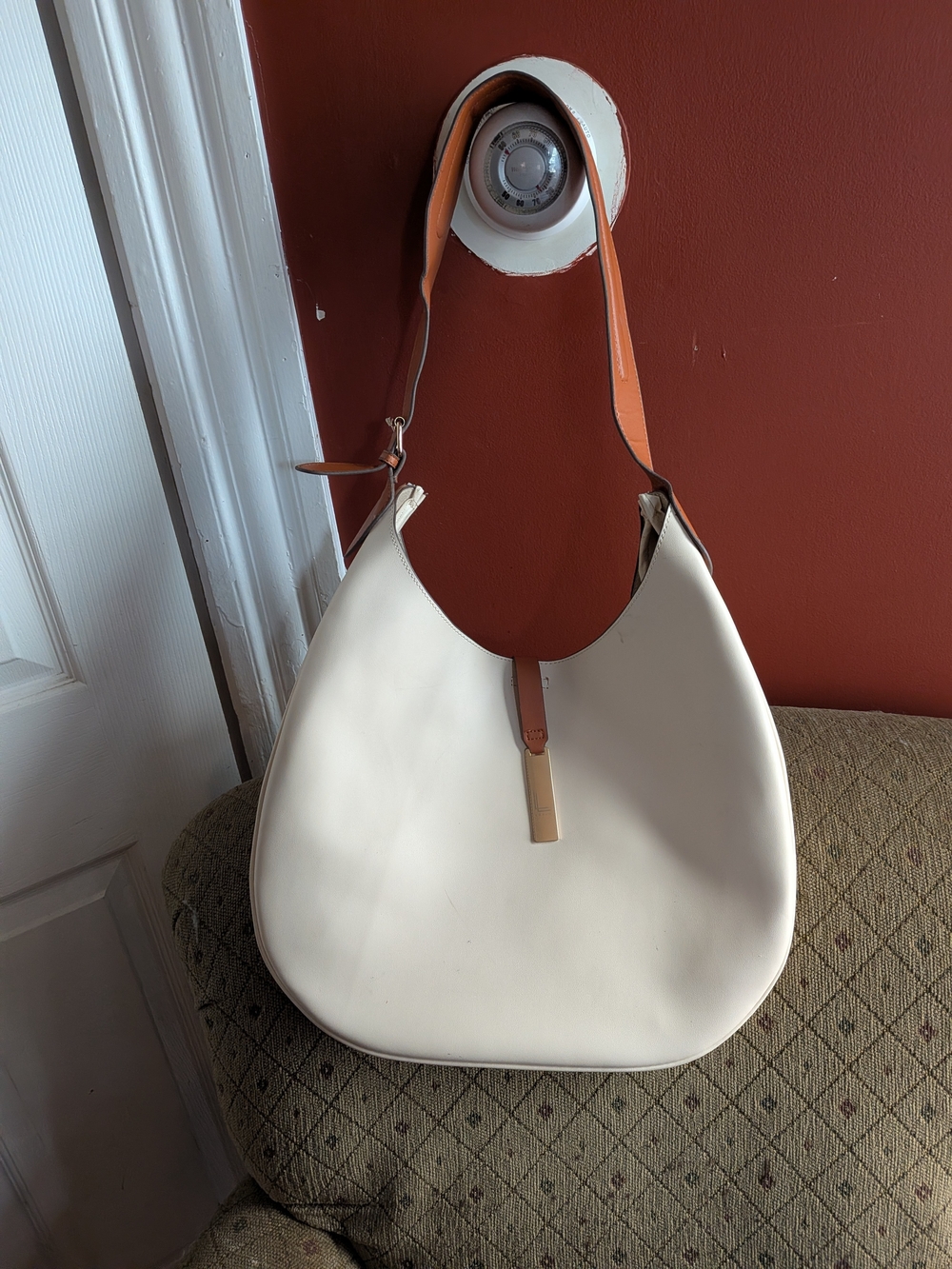 Cream Leather Hobo Bag with Contrast Tan Strap